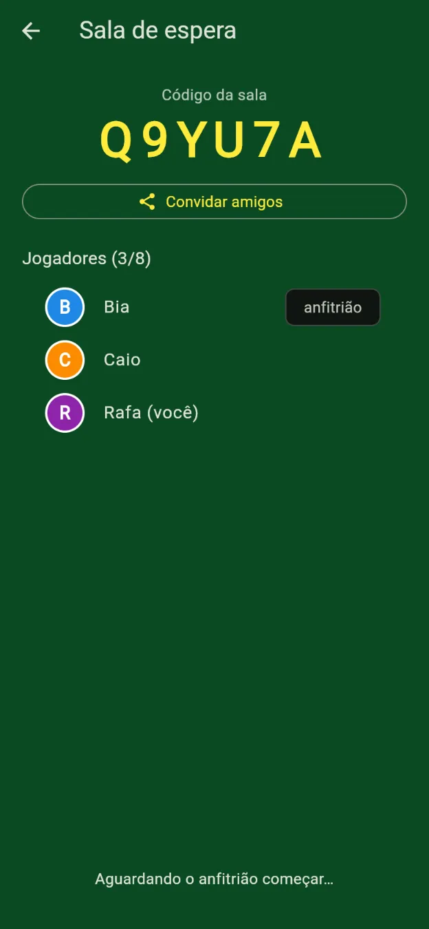 Sala de espera com o código para convidar amigos